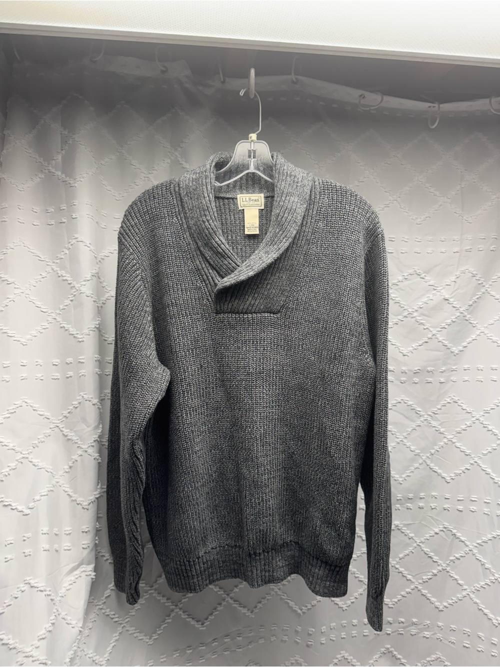 VINTAGE L.L. Bean Sweater Mens L Gray Ragg Fisherman Shawl Elbow Patch Pullover